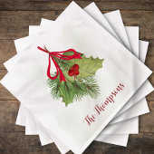 クリスマスウォーターカラーグリーナリーホリデーホリーベリー スタンダードカクテルナプキン