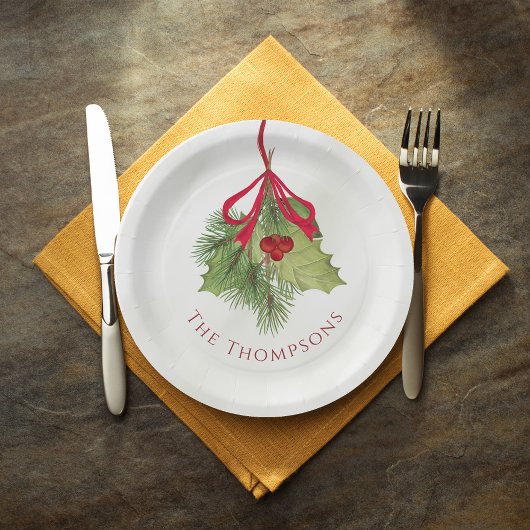 クリスマスウォーターカラーグリーナリーホリデーホリーベリー ペーパープレート