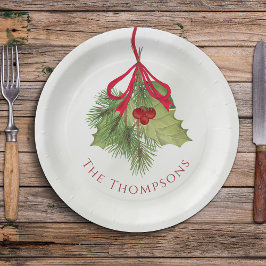 クリスマスウォーターカラーグリーナリーホリデーホリーベリー ペーパープレート