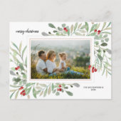 クリスマスウォーターカラーグリーンベリーファミリー写真 ポストカード (正面)