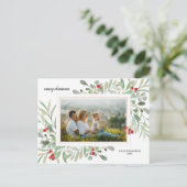 クリスマスウォーターカラーグリーンベリーファミリー写真 ポストカード (スタンド正面)