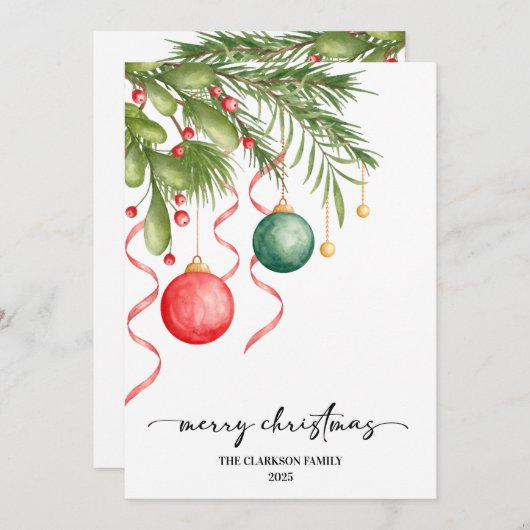 クリスマスウォーターカラーグリーンリースクリスマス シーズンカード (正面/裏面)
