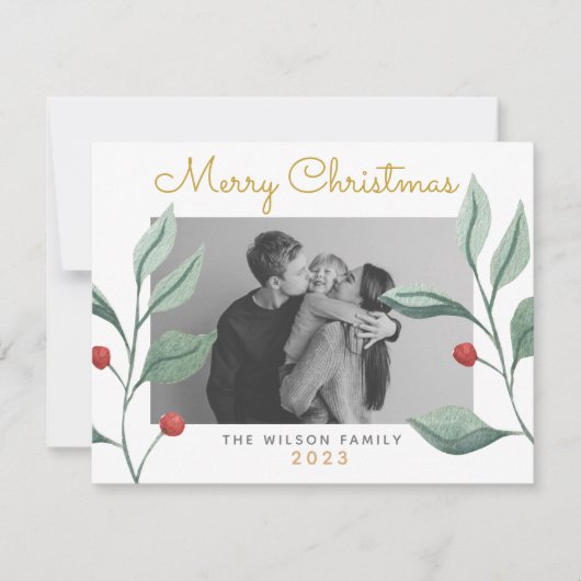 クリスマスウォーターカラーグリーン&ベリーファミリーカード カード (正面)