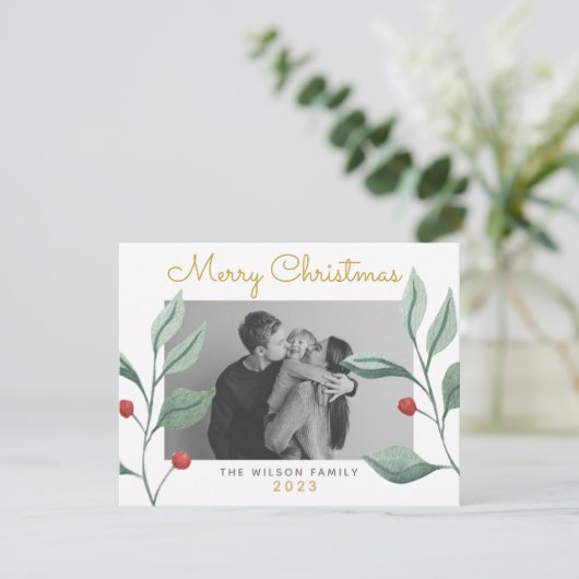 クリスマスウォーターカラーグリーン&ベリーファミリーカード カード (スタンド正面)