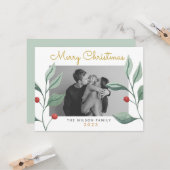 クリスマスウォーターカラーグリーン&ベリーファミリーカード カード (正面/裏面インサイチュ)