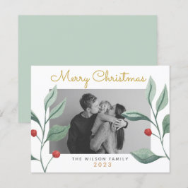 クリスマスウォーターカラーグリーン&ベリーファミリーカード カード