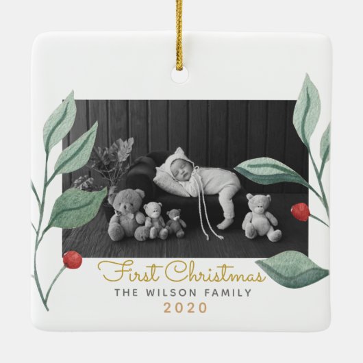 クリスマスウォーターカラーグリーン&ベリー セラミックオーナメント (裏面)