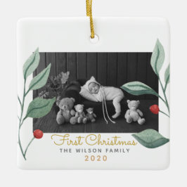 クリスマスウォーターカラーグリーン&ベリー セラミックオーナメント