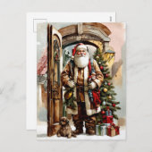 クリスマスウォーターカラーサンタクロースと犬 シーズンポストカード (正面/裏面)