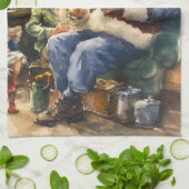 クリスマスウォーターカラーサンタホリデー キッチンタオル (折り畳み)