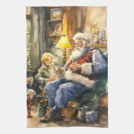 クリスマスウォーターカラーサンタホリデー キッチンタオル