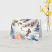 クリスマスウォーターカラーダウンヒルスキーヤー カード (黄色い花)