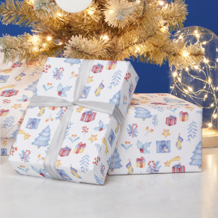 クリスマスウォーターカラーツリー贈与用キャンディスター白 ラッピングペーパー