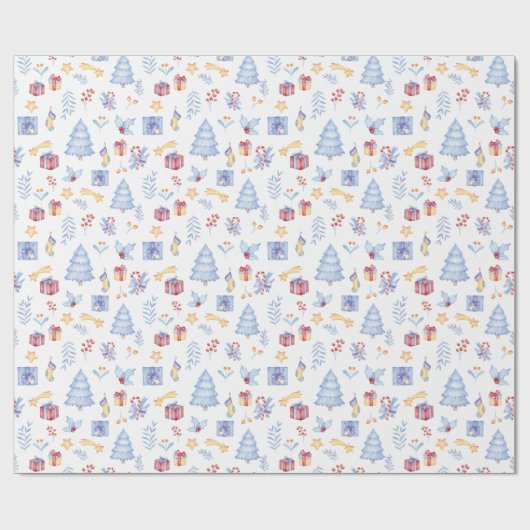 クリスマスウォーターカラーツリー贈与用キャンディスター白 ラッピングペーパー (フラット)
