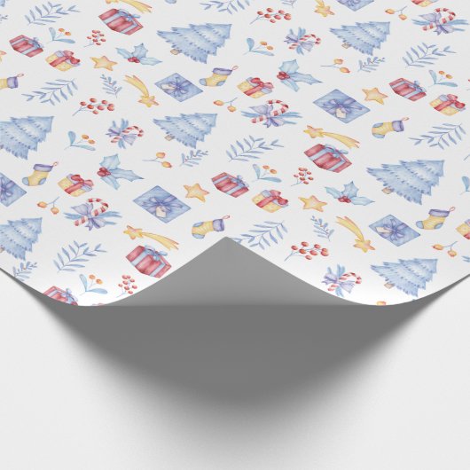 クリスマスウォーターカラーツリー贈与用キャンディスター白 ラッピングペーパー (角)