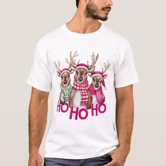 クリスマスウォーターカラートナカイと「ホホホホHO」 Tシャツ (正面)