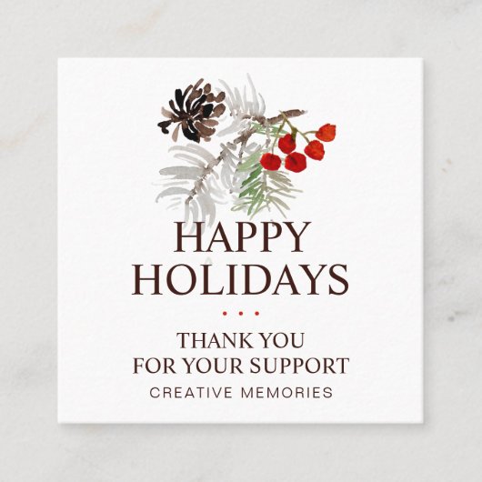 クリスマスウォーターカラーパインコーンベリーありがとう スクエア名刺 (正面)