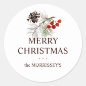 クリスマスウォーターカラーパインコーンベリー名 ラウンドシール (正面)