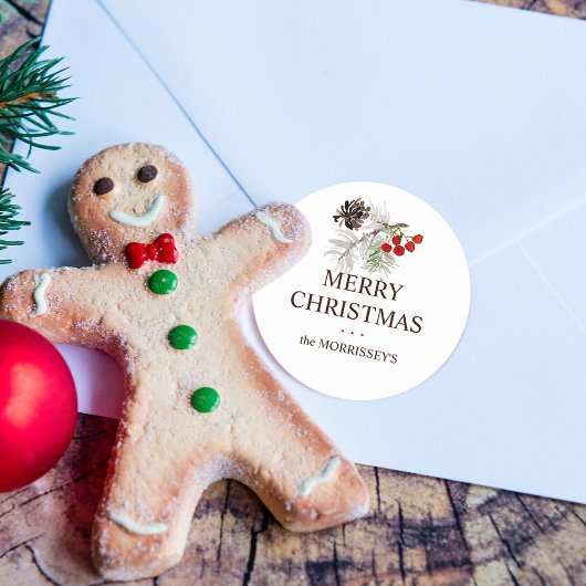 クリスマスウォーターカラーパインコーンベリー名 ラウンドシール