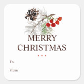 クリスマスウォーターカラーパインコーンベリーTOおよびFROM スクエアシール (正面)