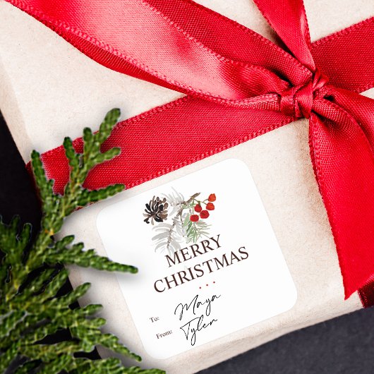 クリスマスウォーターカラーパインコーンベリーTOおよびFROM スクエアシール