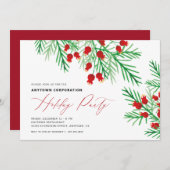 クリスマスウォーターカラーパインブランチホリデーパーティー 招待状 (正面/裏面)