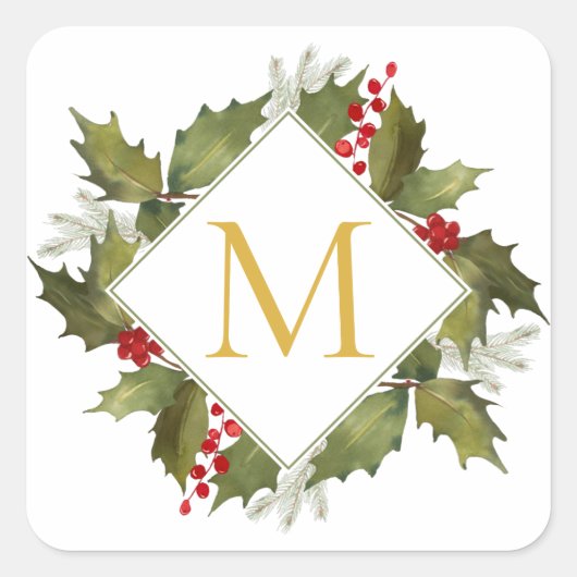 クリスマスウォーターカラービッグモノグラムホリーリース スクエアシール (正面)