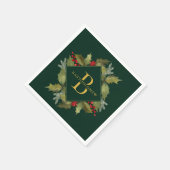 クリスマスウォーターカラービッグモノグラムホリーリース スタンダードカクテルナプキン (角)