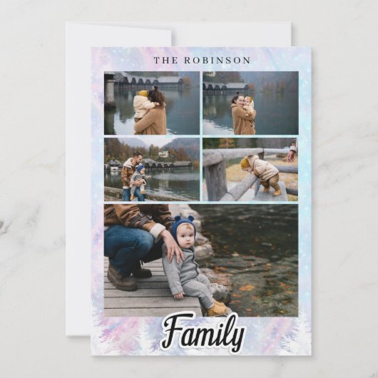 クリスマスウォーターカラーピンクブルーファミリー雪の木 カード (正面)