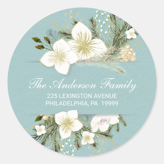 クリスマスウォーターカラーフラワーズリターンアドレスラベル ラウンドシール (正面)