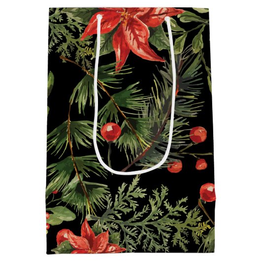 クリスマスウォーターカラーフローラカスタム植物 ミディアムペーパーバッグ (裏面)