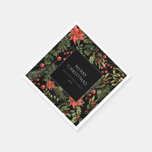 クリスマスウォーターカラーフローラグリーンリーファミリー紙 スタンダードカクテルナプキン (角)