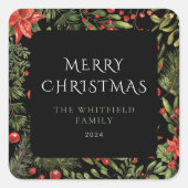 クリスマスウォーターカラーフローラグリーンリーファミリー スクエアシール (正面)