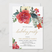 クリスマスウォーターカラーフローラホリデーパーティーエレガント 招待状 (正面)