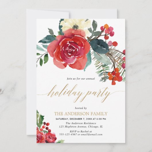 クリスマスウォーターカラーフローラホリデーパーティーエレガント 招待状 (正面)