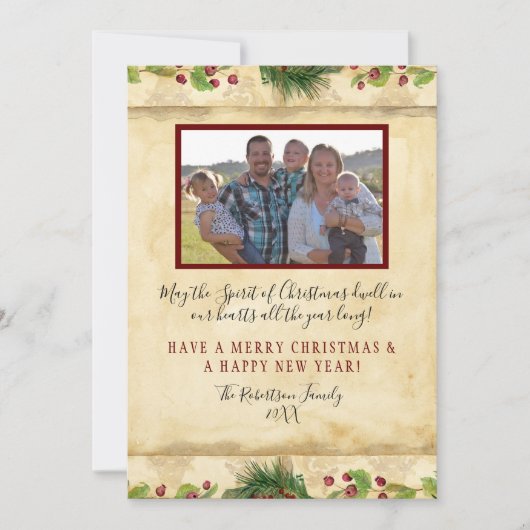 クリスマスウォーターカラーフローラマグノリアパインリース シーズンカード (正面)