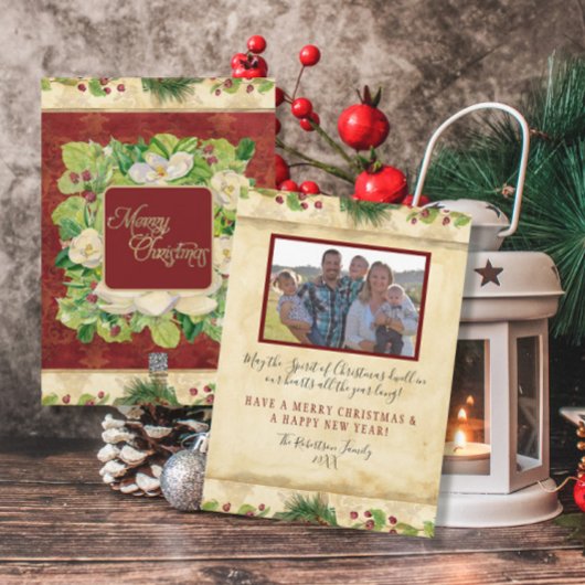 クリスマスウォーターカラーフローラマグノリアパインリース シーズンカード