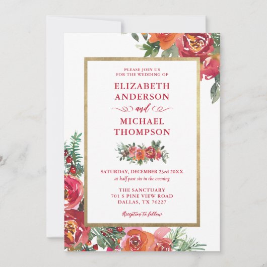 クリスマスウォーターカラーフローラ冬の結婚式 招待状 (正面)