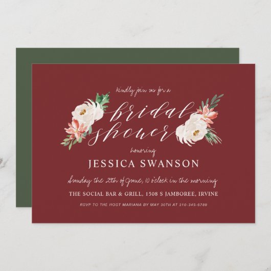 クリスマスウォーターカラーフローラ冬ブライダルシャワー 招待状 (正面/裏面)