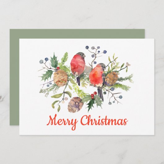 クリスマスウォーターカラーブルフィンチパーソナライズされたフローラ シーズンカード (正面/裏面)