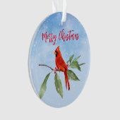 クリスマスウォーターカラーブルーグリーンレッド（鳥）ショウジョウコウカンチョウバード オーナメント (正面)