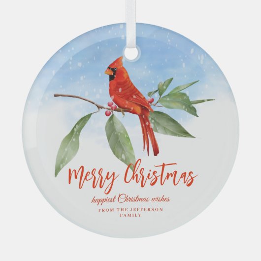 クリスマスウォーターカラーブルーグリーンレッド(鳥)ショウジョウコウカンチョウバード ガラスオーナメント (正面)