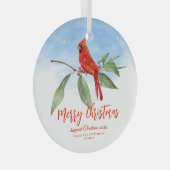 クリスマスウォーターカラーブルーグリーンレッド(鳥)ショウジョウコウカンチョウバード ガラスオーナメント (正面右)