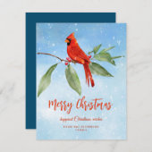 クリスマスウォーターカラーブルーグリーンレッド（鳥）ショウジョウコウカンチョウバード シーズンカード (正面/裏面)