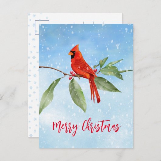 クリスマスウォーターカラーブルーグリーンレッド(鳥)ショウジョウコウカンチョウバード シーズンポストカード (正面/裏面)