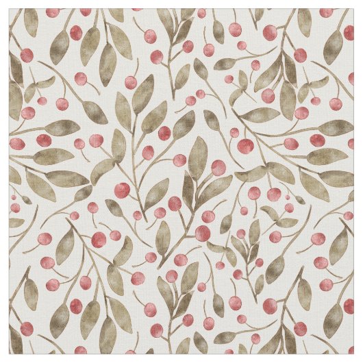 クリスマスウォーターカラーベリーと植物学 ファブリック (クローズアップ)