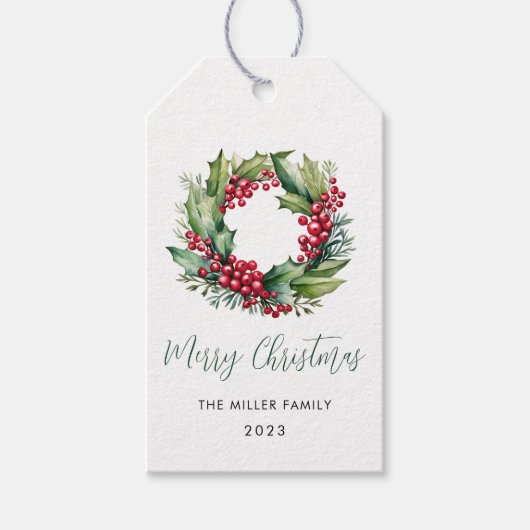 クリスマスウォーターカラーベリーと緑のリース ギフトタグ (正面)