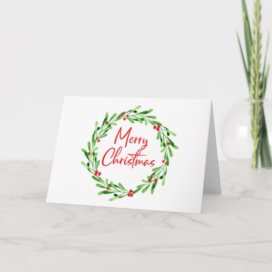 クリスマスウォーターカラーベリーと緑のリース シーズンカード (正面)