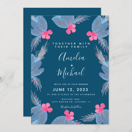 クリスマスウォーターカラーベリーブルーボタニカル結婚ズ 招待状 (正面/裏面)