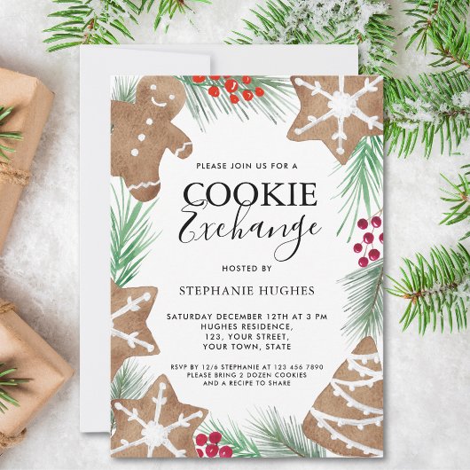 クリスマスウォーターカラーホリデークッキー交換パーティー 招待状